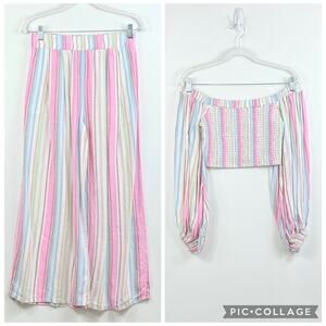 Beachy Striped L*Space 2 Piece Crop Top Sm Pants XS Set Smocked Wide Leg Spring